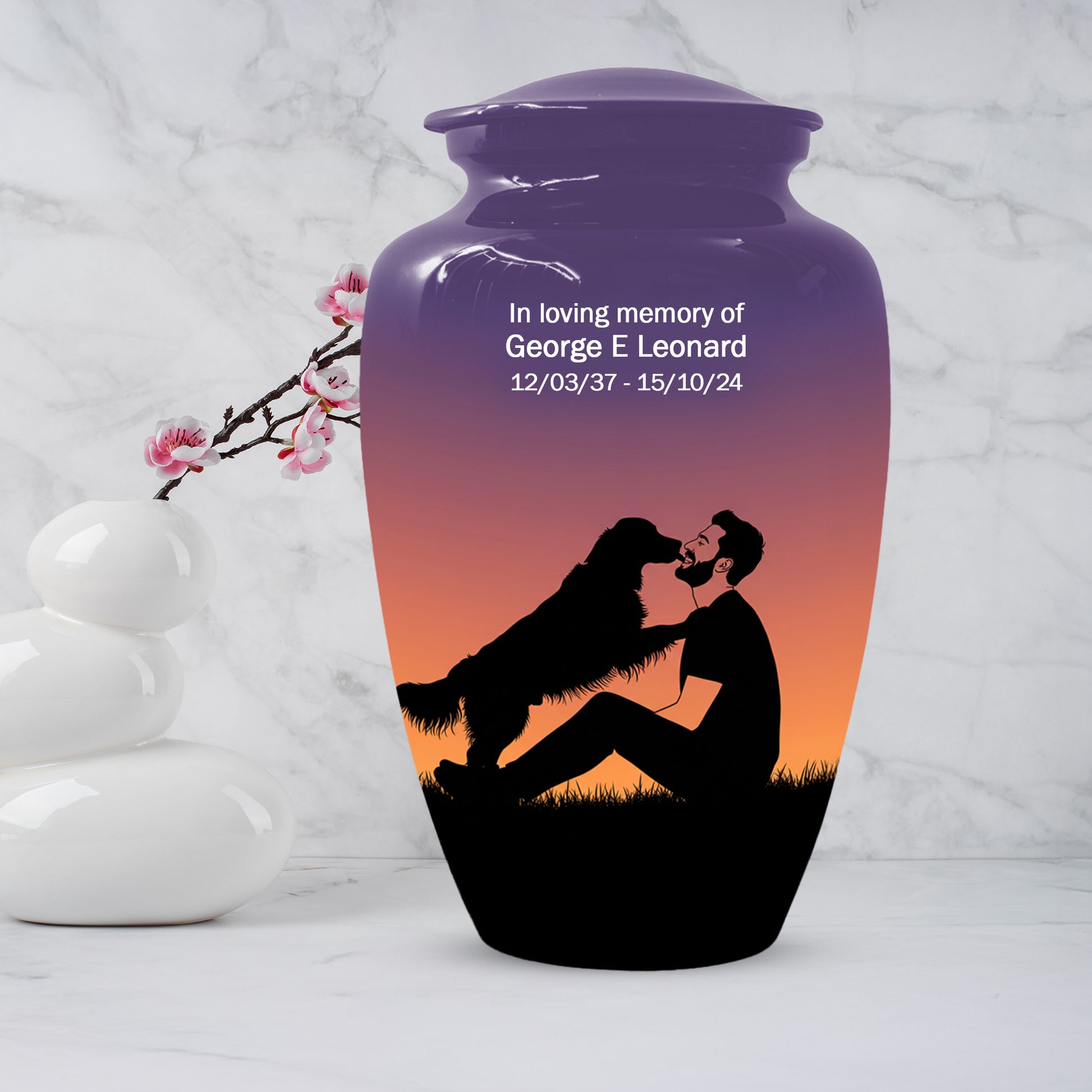 Dog & Dad Sunset Cremation Urn – Memorial Urn for Dad, Father & Men