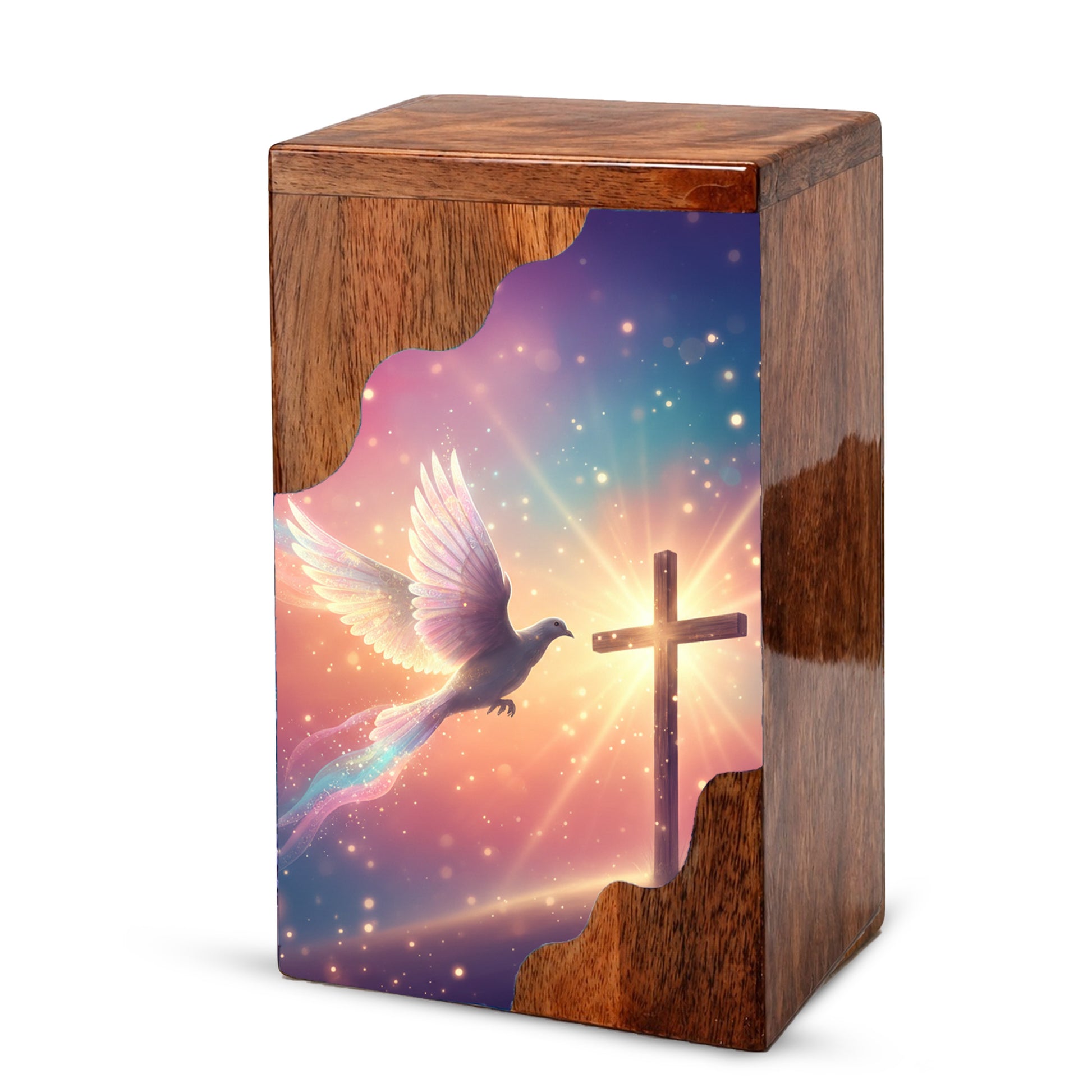 Dove Cross Wooden Cremation Urn – Christian Memorial Wooden Urn for Human Ashes