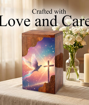 Dove Cross Wooden Cremation Urn – Christian Memorial Wooden Urn for Human Ashes