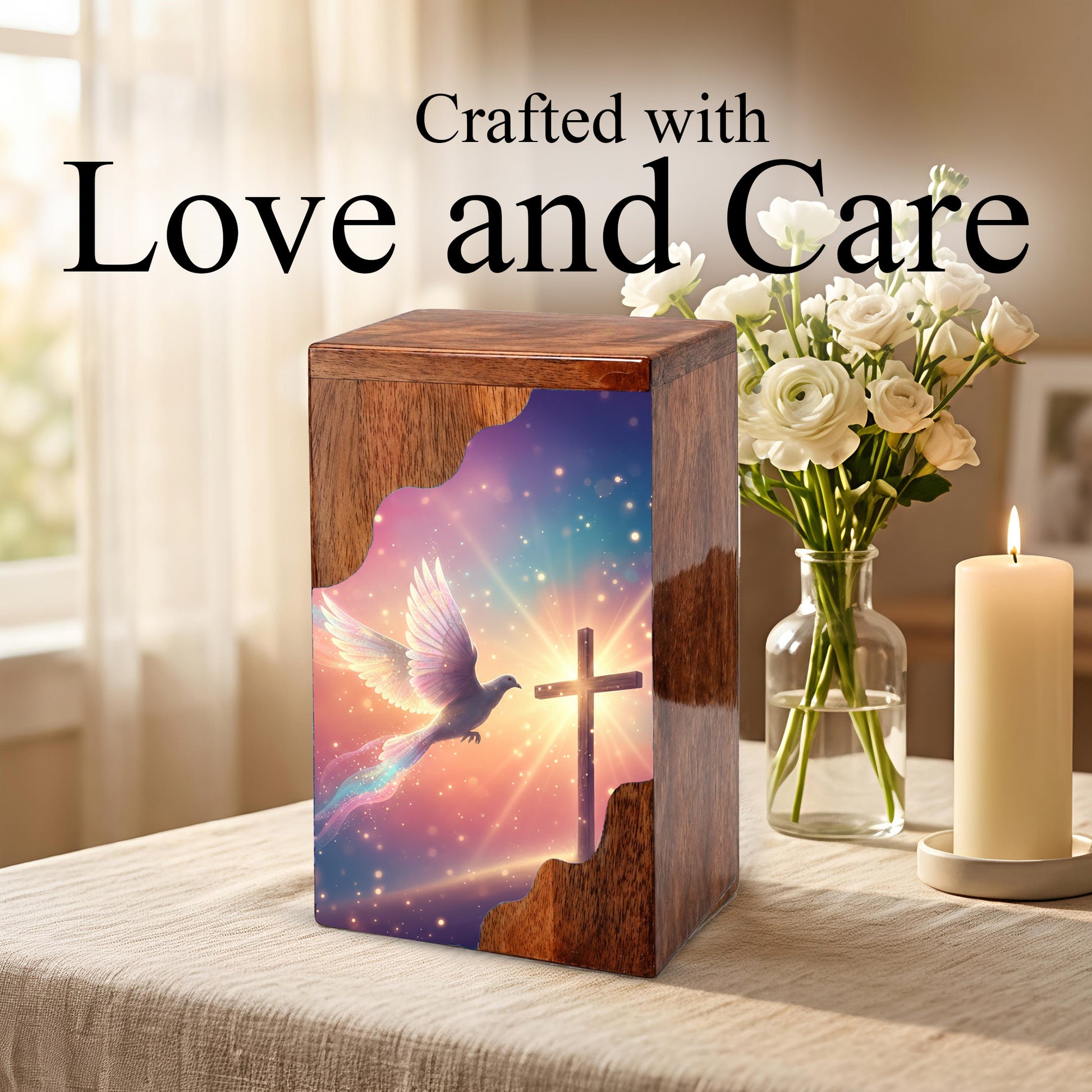 Dove Cross Wooden Cremation Urn – Christian Memorial Wooden Urn for Human Ashes