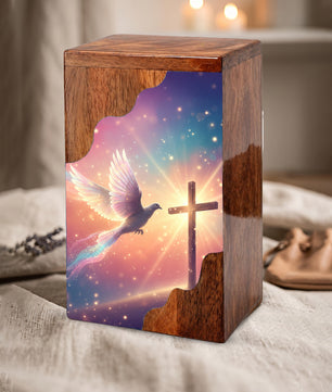 Dove Cross Wooden Cremation Urn – Christian Memorial Wooden Urn for Human Ashes