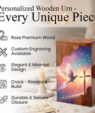 Dove Cross Wooden Cremation Urn – Christian Memorial Wooden Urn for Human Ashes