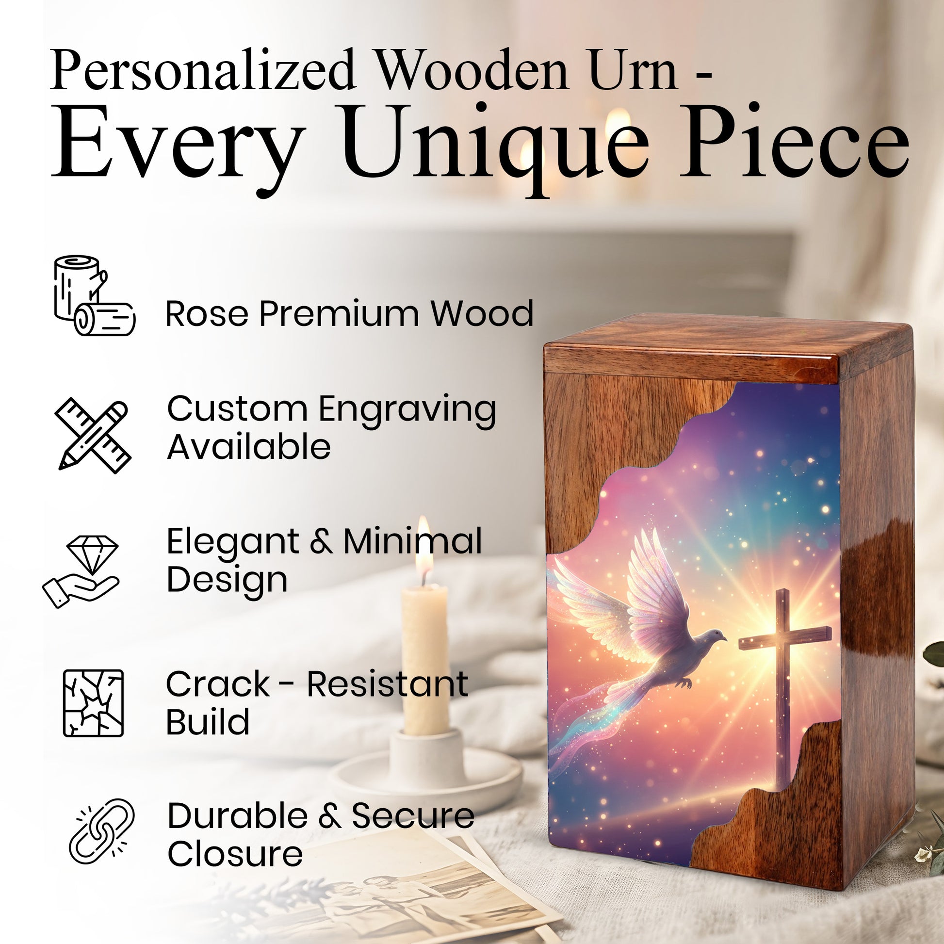 Dove Cross Wooden Cremation Urn – Christian Memorial Wooden Urn for Human Ashes