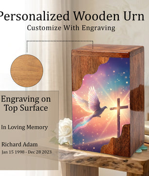 Dove Cross Wooden Cremation Urn – Christian Memorial Wooden Urn for Human Ashes