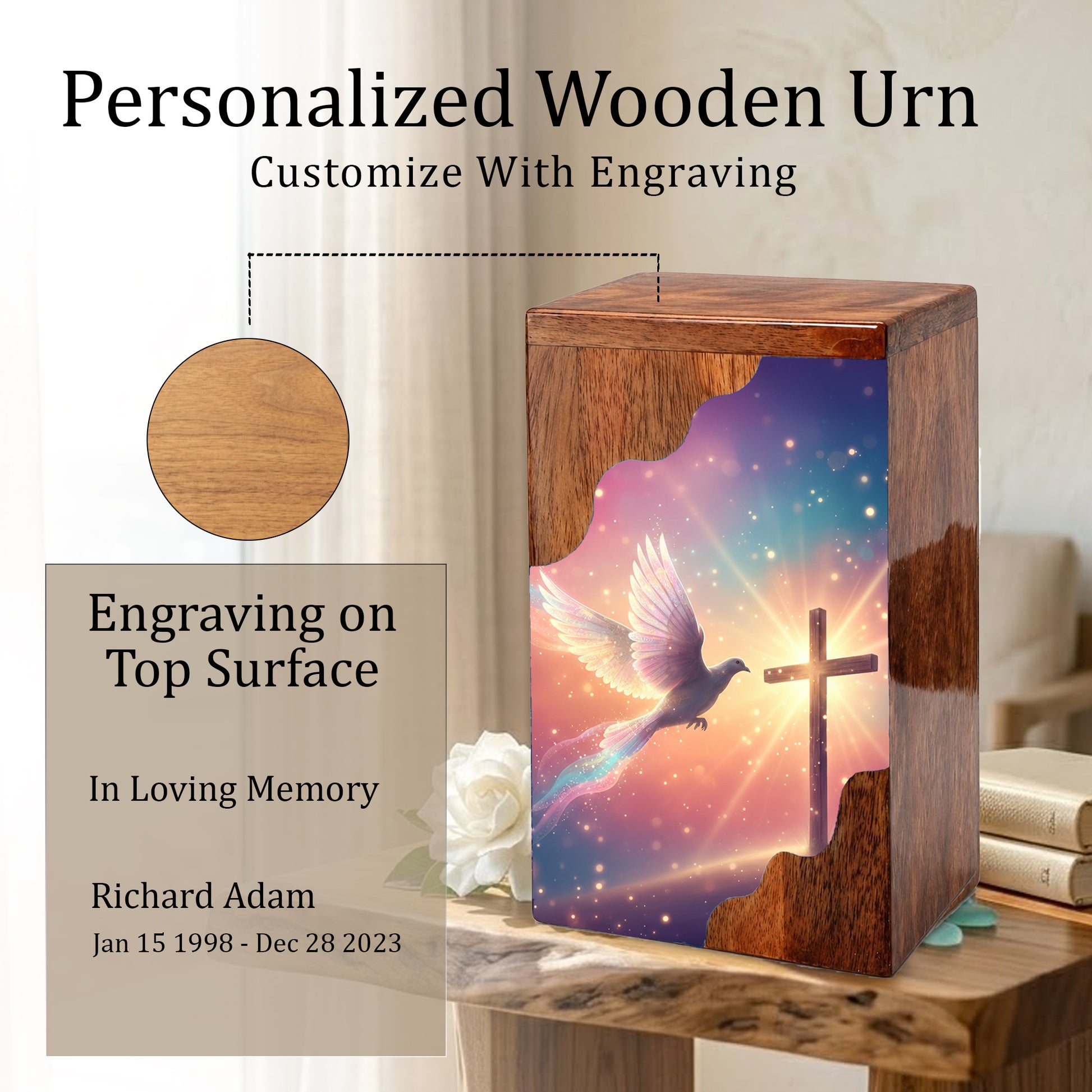 Dove Cross Wooden Cremation Urn – Christian Memorial Wooden Urn for Human Ashes