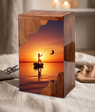 Fishing Cremation Urn for Dad – Custom Wooden Memorial Urn Box for Ashe