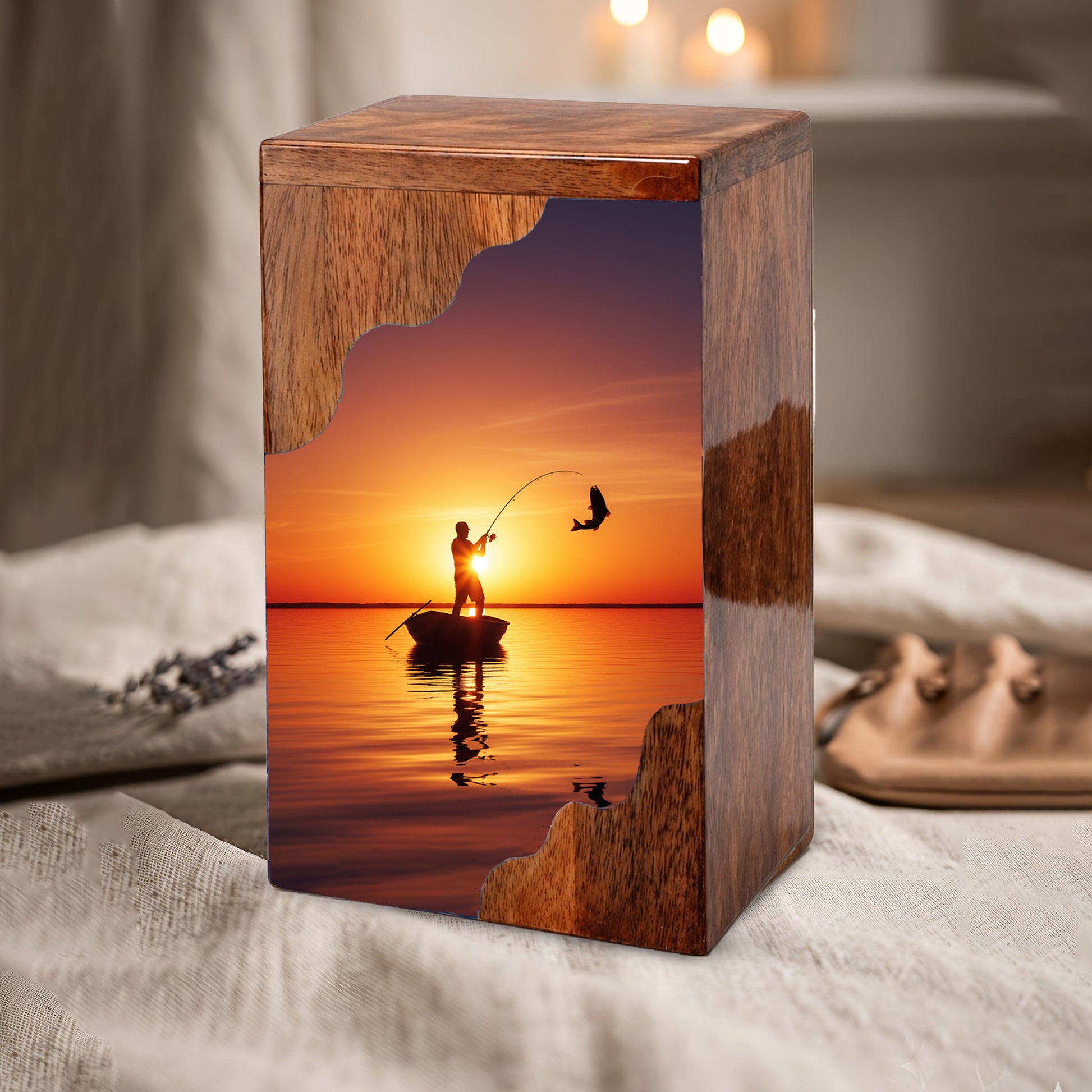 Fishing Cremation Urn for Dad – Custom Wooden Memorial Urn Box for Ashe