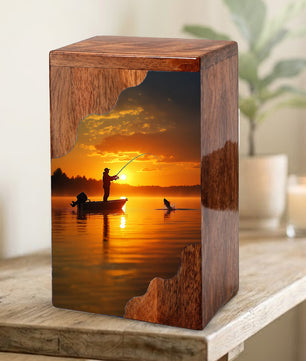 Fishing Cremation Urn – Custom Wooden Urn for Dad, Gone Fishing Memorial Urn for Ashes