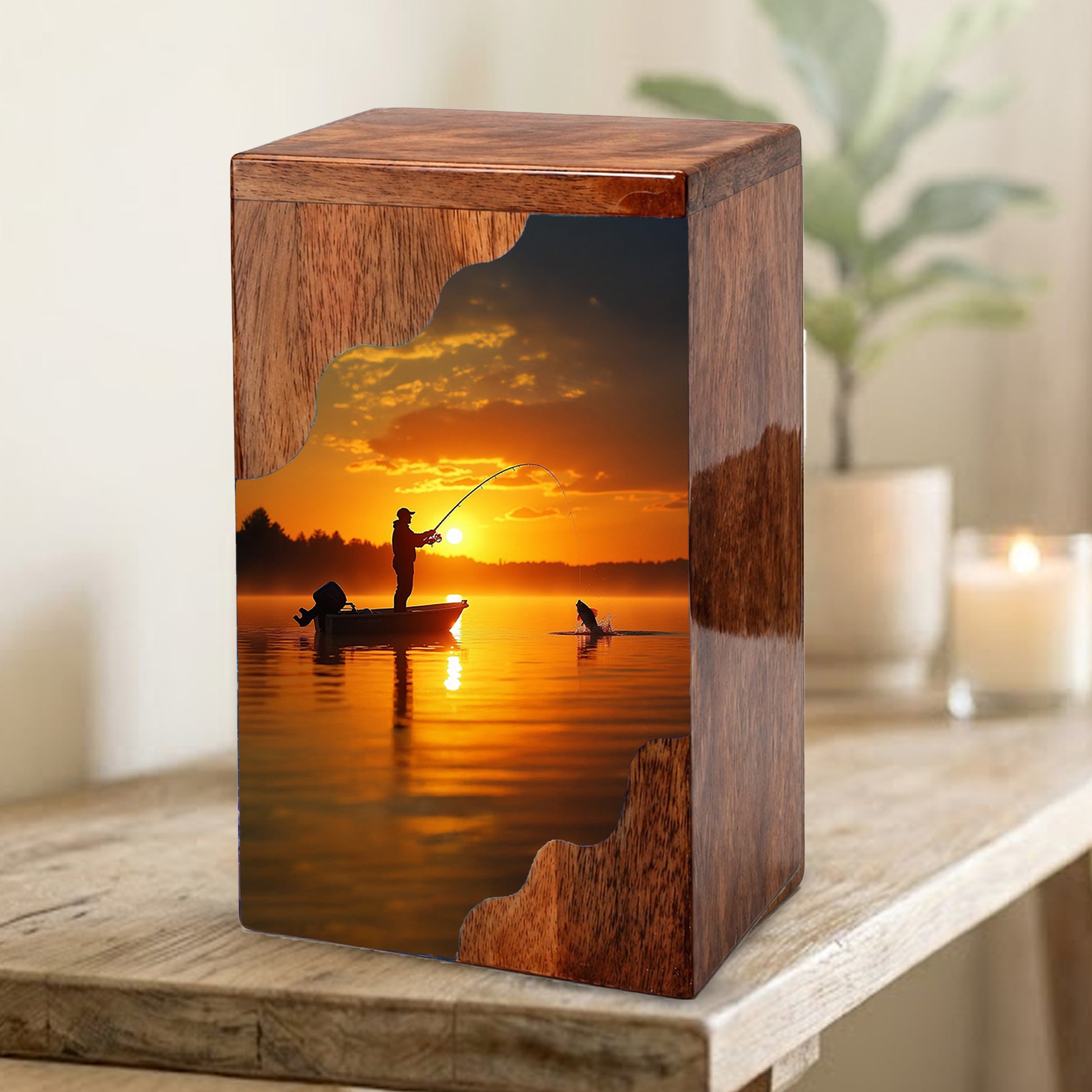 Fishing Cremation Urn – Custom Wooden Urn for Dad, Gone Fishing Memorial Urn for Ashes