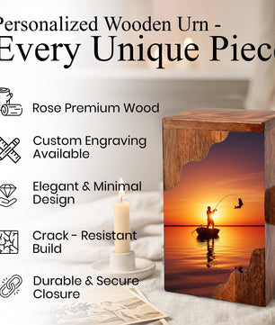 Fishing Cremation Urn for Dad – Custom Wooden Memorial Urn Box for Ashe