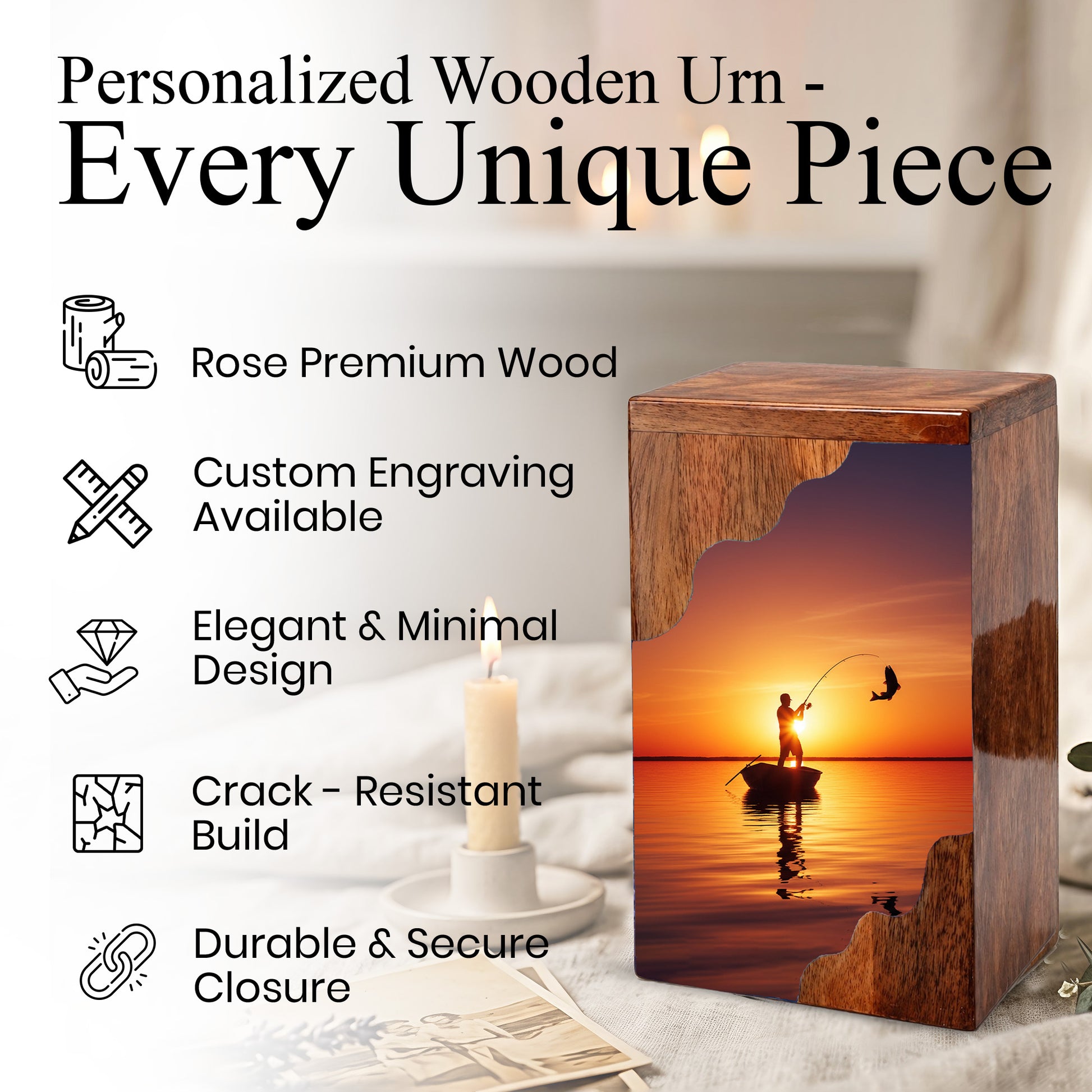Fishing Cremation Urn for Dad – Custom Wooden Memorial Urn Box for Ashe