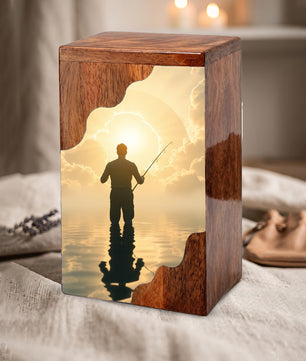 Fishing in Heaven Wooden Cremation Urn – Peaceful Lake Memorial Wooden Urn for Human Ashes