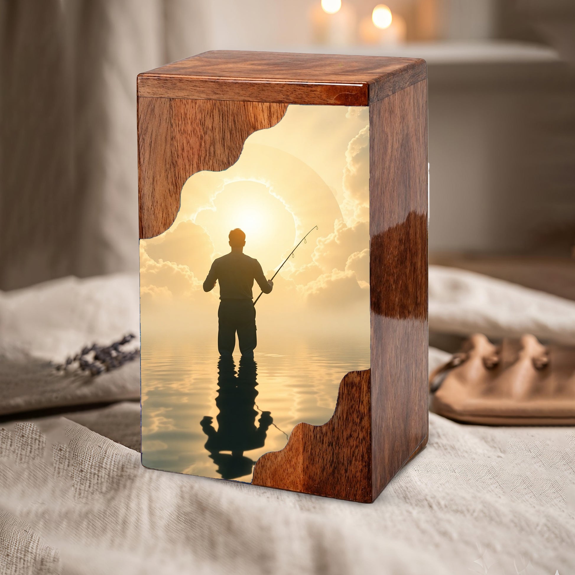Fishing in Heaven Wooden Cremation Urn – Peaceful Lake Memorial Wooden Urn for Human Ashes