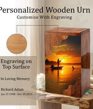 Fishing Cremation Urn – Custom Wooden Urn for Dad, Gone Fishing Memorial Urn for Ashes