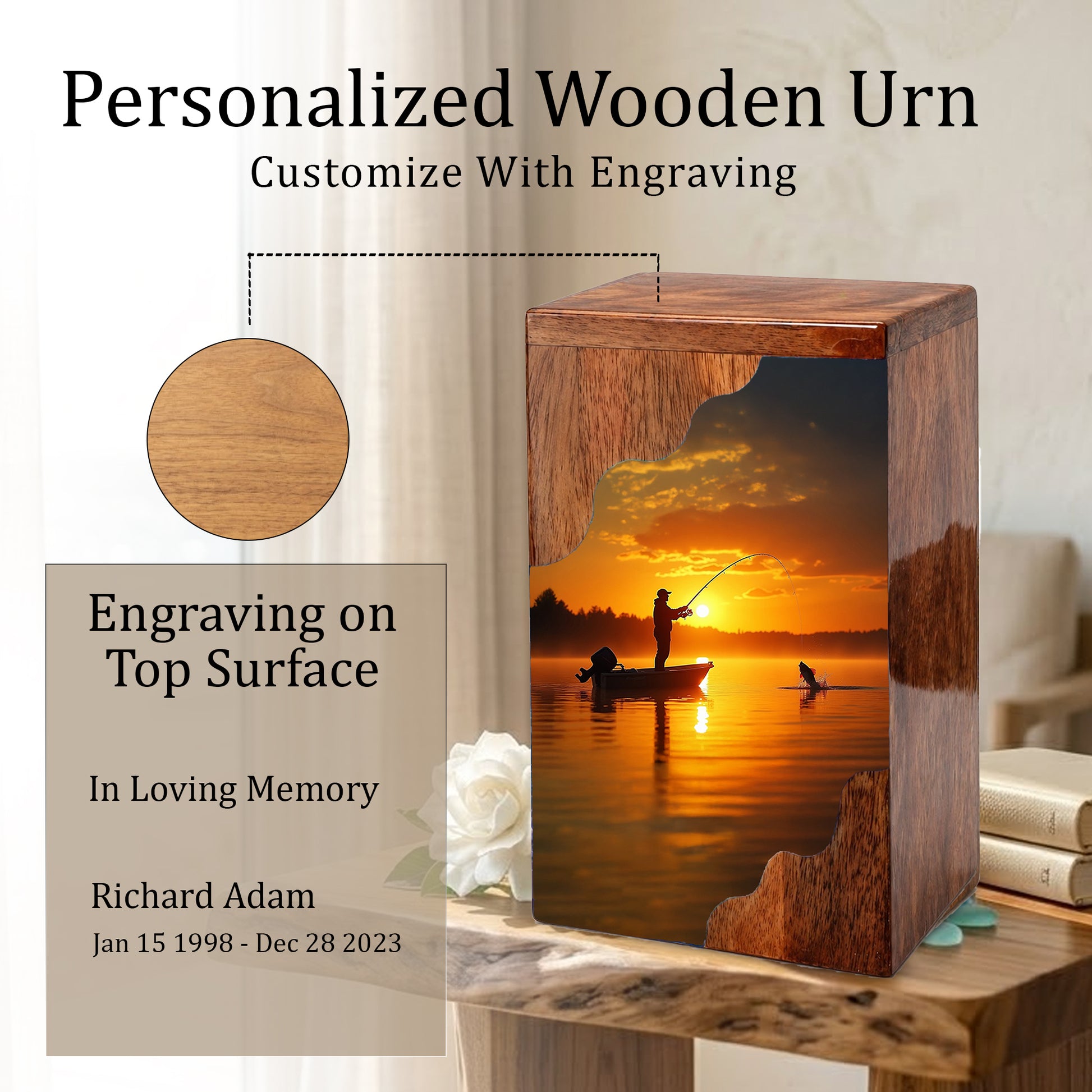Fishing Cremation Urn – Custom Wooden Urn for Dad, Gone Fishing Memorial Urn for Ashes