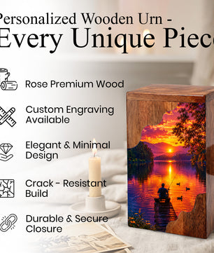 Gone Fishing Wooden Cremation Urn – Sunset Lake Memorial Urn for Human Ashes