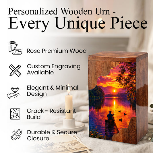 Gone Fishing Wooden Cremation Urn – Sunset Lake Memorial Urn for Human Ashes