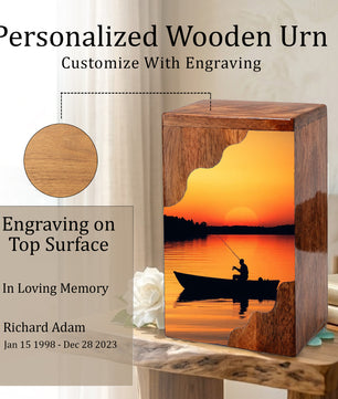 Sunset Lake Fishing Wooden Cremation Urn – Fishing in Heaven Memorial Wooden Urn for Human Ashes