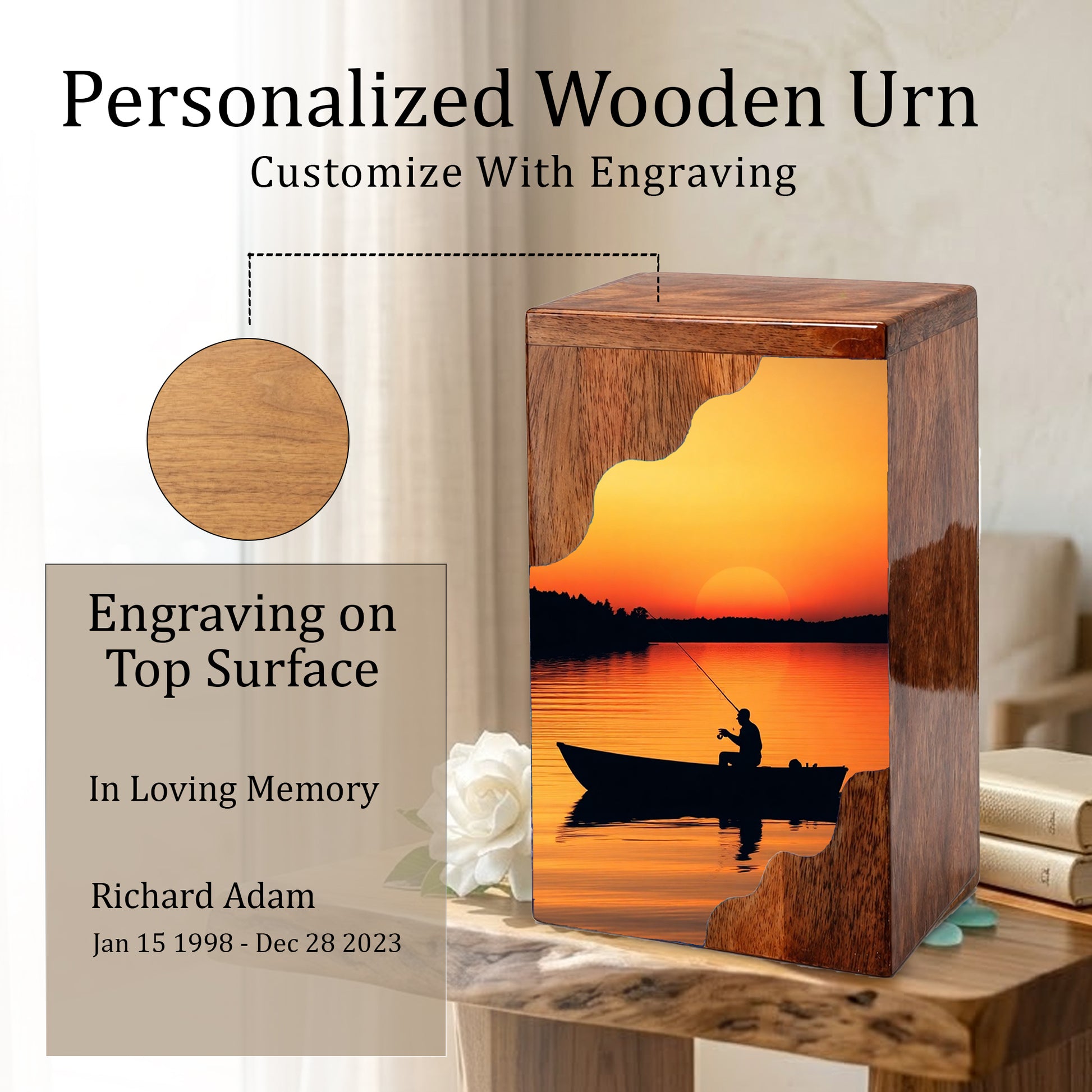Sunset Lake Fishing Wooden Cremation Urn – Fishing in Heaven Memorial Wooden Urn for Human Ashes
