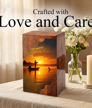 Fishing Cremation Urn – Custom Wooden Urn for Dad, Gone Fishing Memorial Urn for Ashes