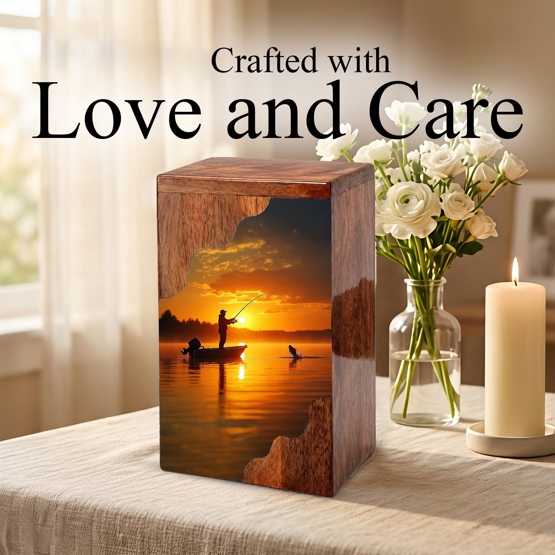 Fishing Cremation Urn – Custom Wooden Urn for Dad, Gone Fishing Memorial Urn for Ashes