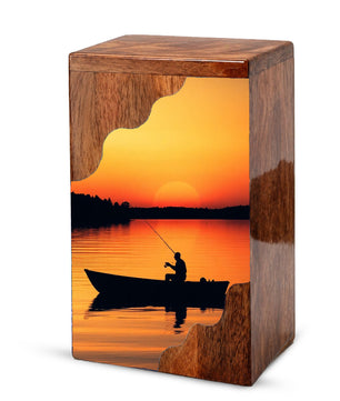 Sunset Lake Fishing Wooden Cremation Urn – Fishing in Heaven Memorial Wooden Urn for Human Ashes