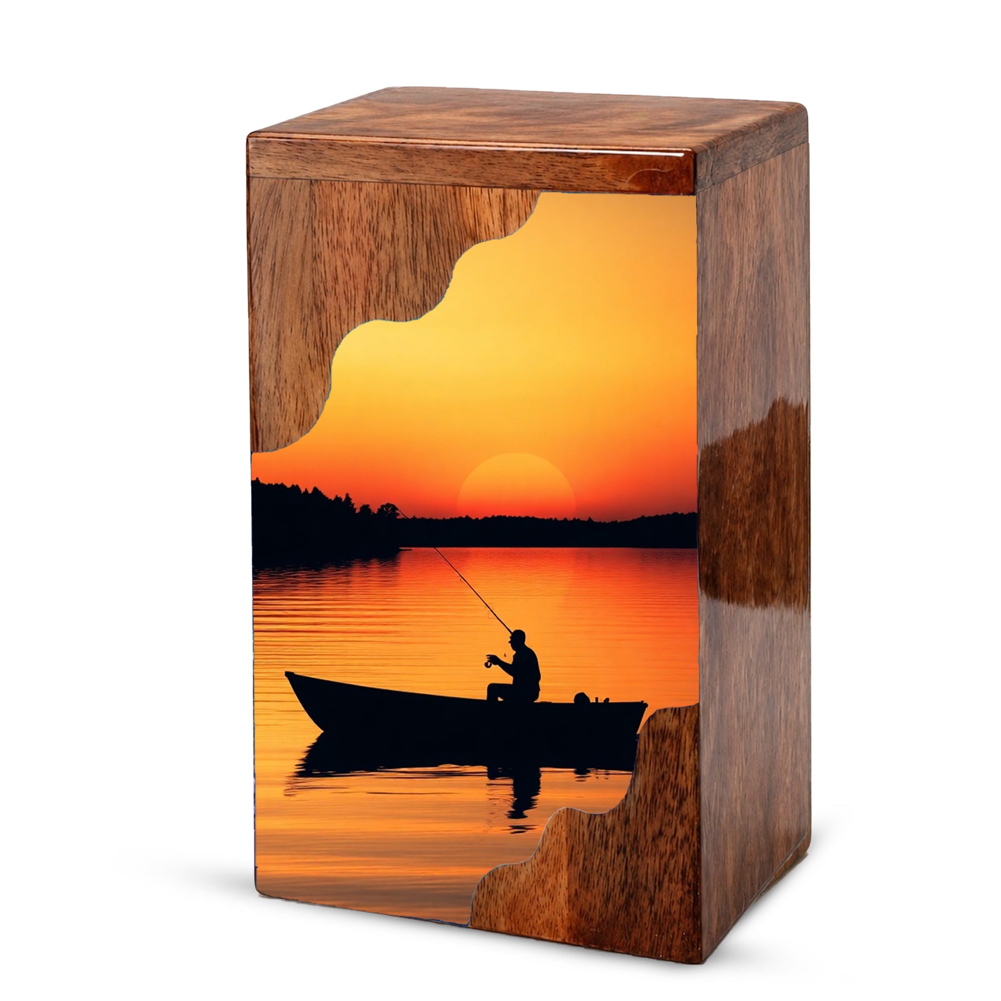 Sunset Lake Fishing Wooden Cremation Urn – Fishing in Heaven Memorial Wooden Urn for Human Ashes