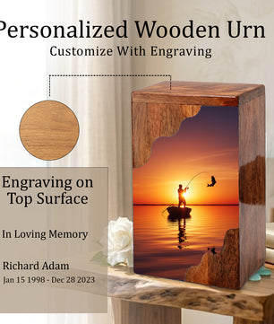Fishing Cremation Urn for Dad – Custom Wooden Memorial Urn Box for Ashe