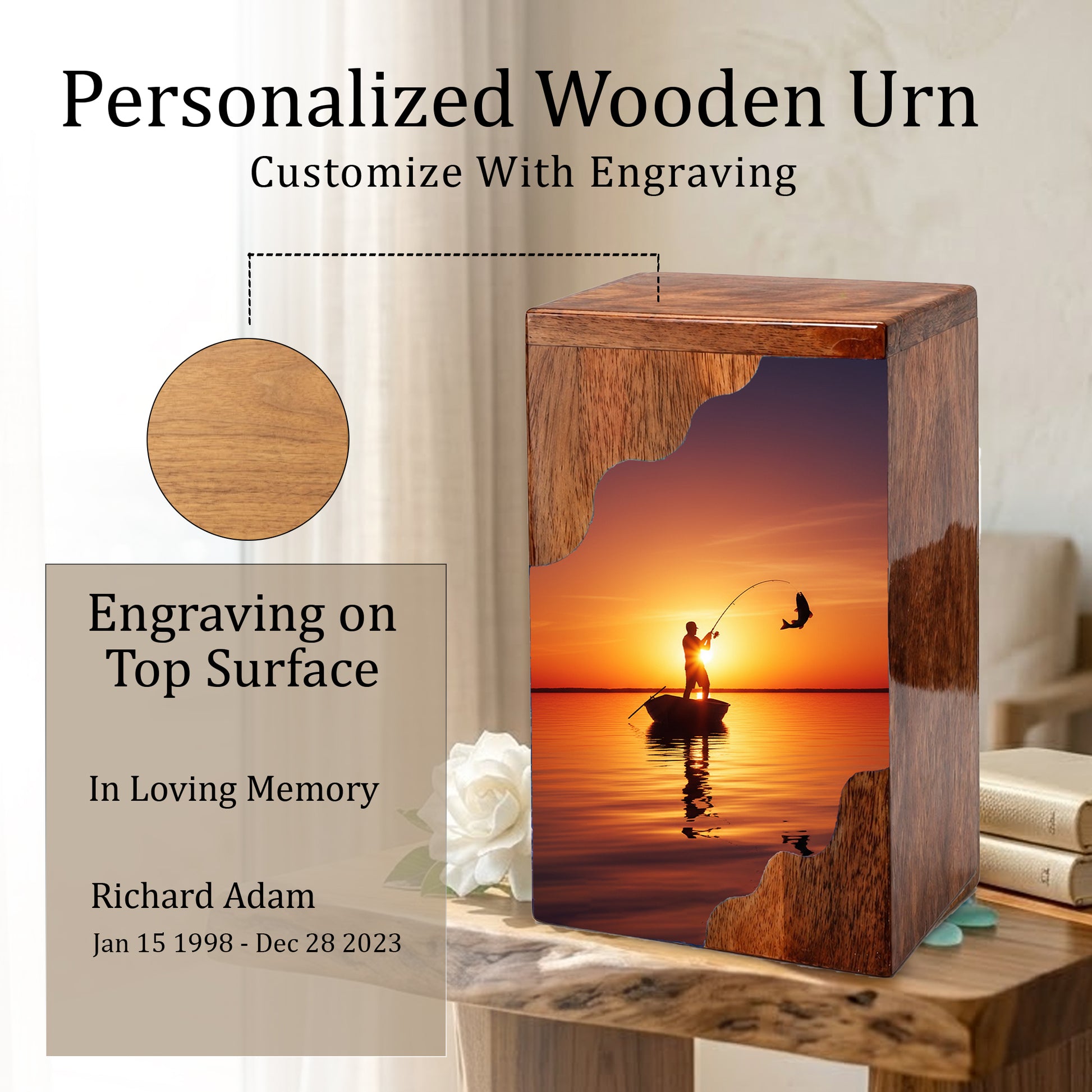 Fishing Cremation Urn for Dad – Custom Wooden Memorial Urn Box for Ashe