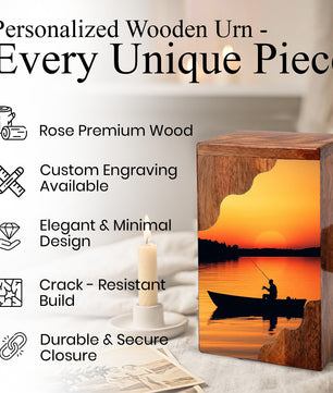 Sunset Lake Fishing Wooden Cremation Urn – Fishing in Heaven Memorial Wooden Urn for Human Ashes