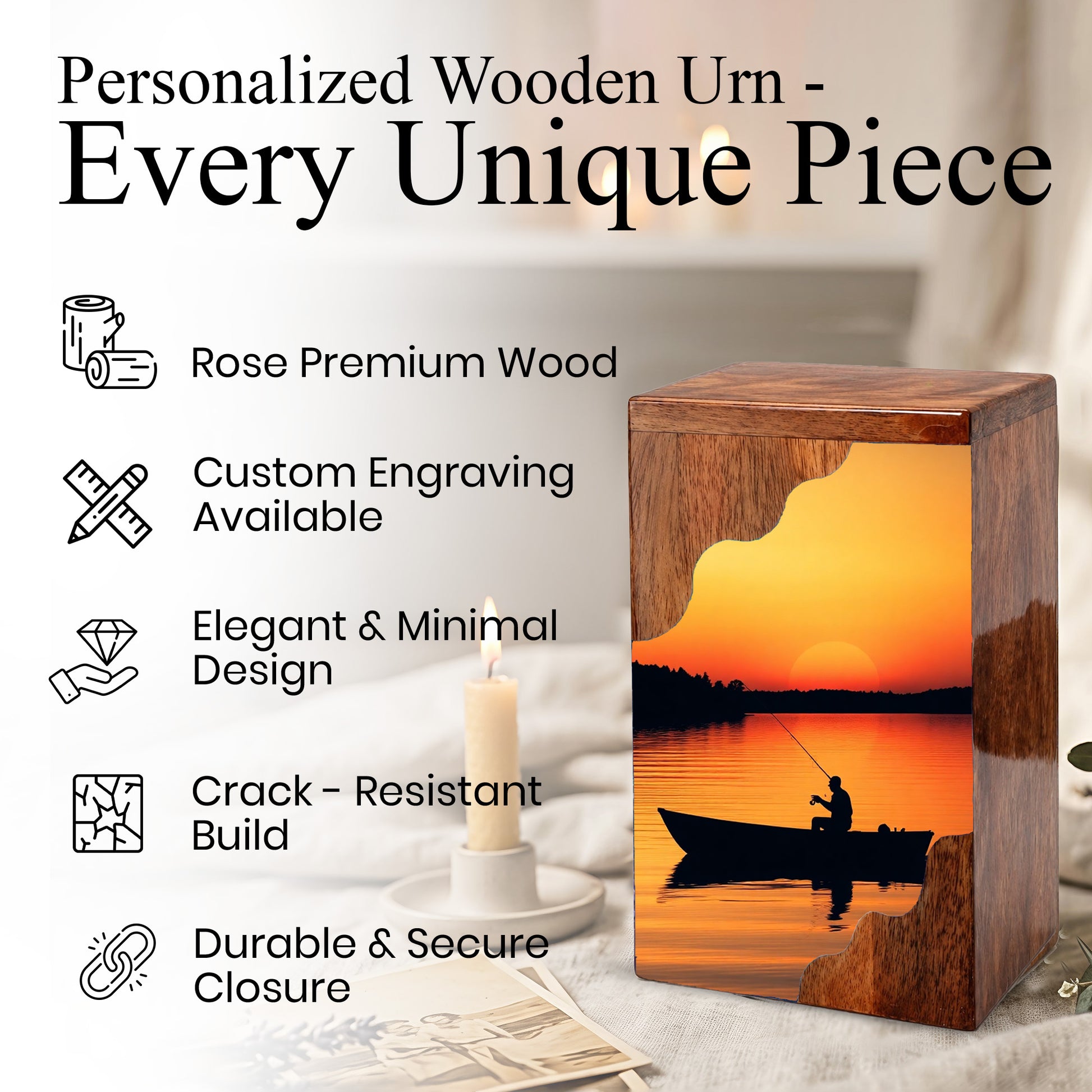 Sunset Lake Fishing Wooden Cremation Urn – Fishing in Heaven Memorial Wooden Urn for Human Ashes
