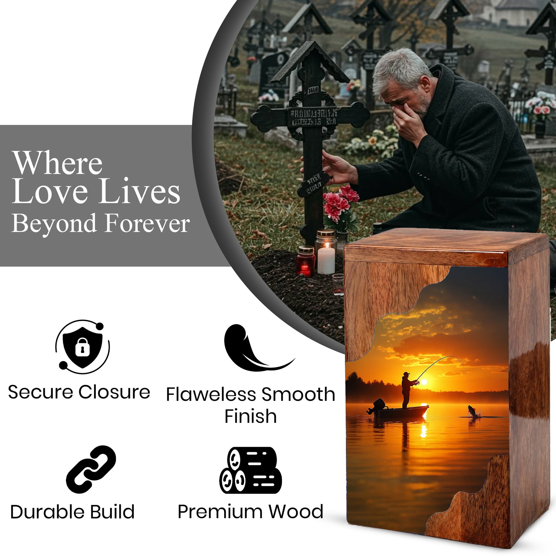 Fishing Cremation Urn – Custom Wooden Urn for Dad, Gone Fishing Memorial Urn for Ashes
