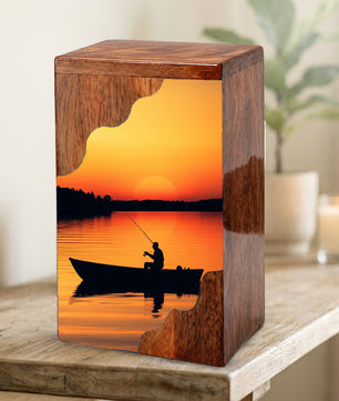 Sunset Lake Fishing Wooden Cremation Urn – Fishing in Heaven Memorial Wooden Urn for Human Ashes