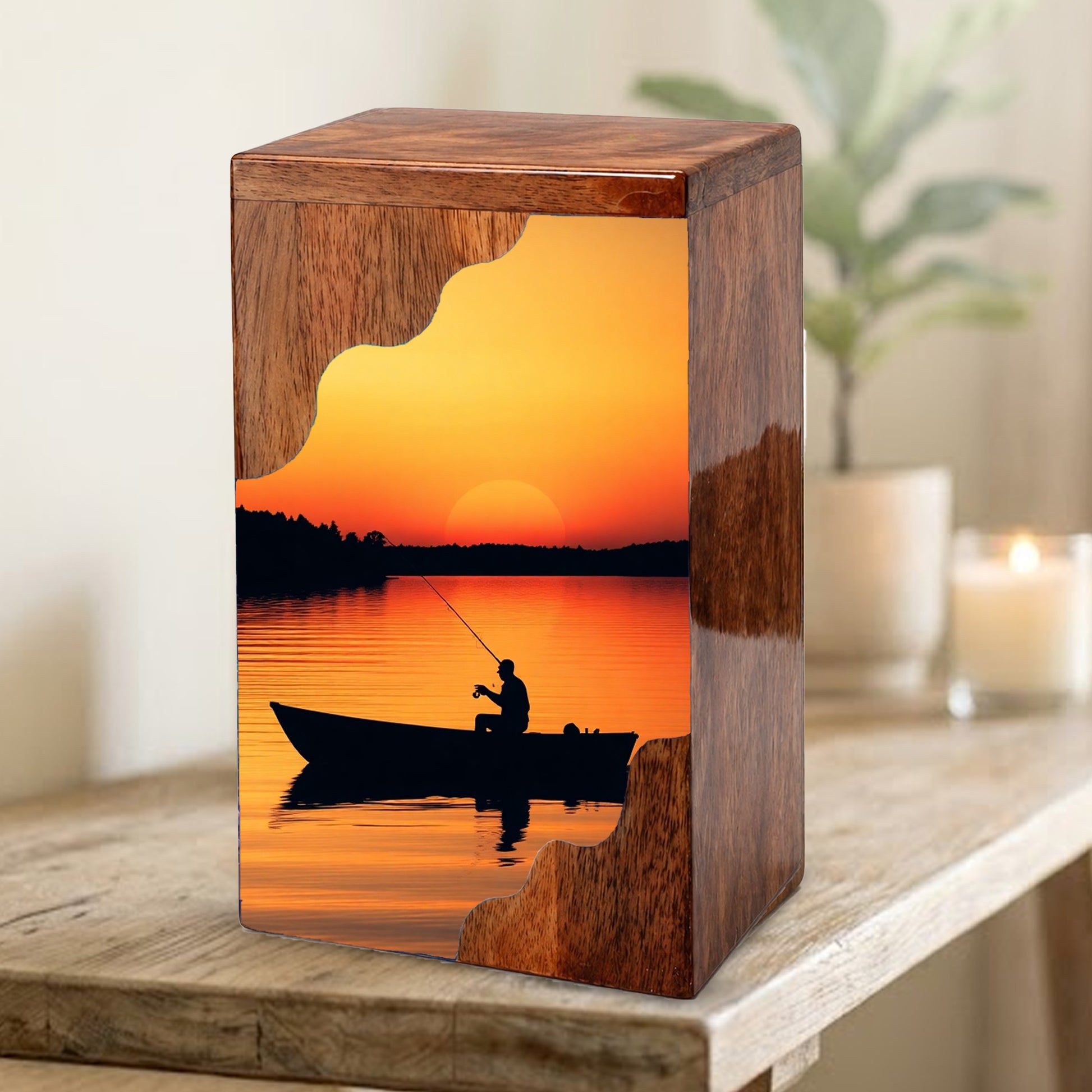 Sunset Lake Fishing Wooden Cremation Urn – Fishing in Heaven Memorial Wooden Urn for Human Ashes