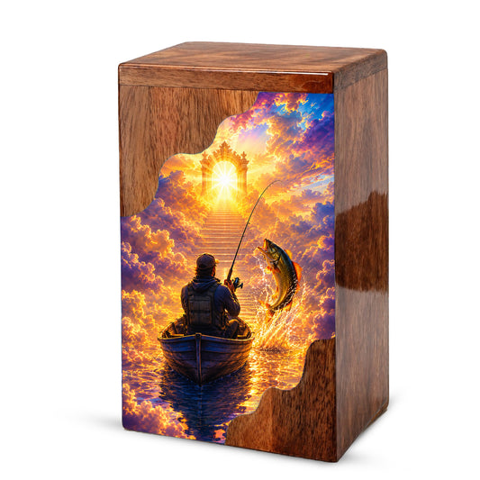 Gone Fishing in Heaven Wooden Cremation Urn – Personalized Memorial Urn for Human Ashes