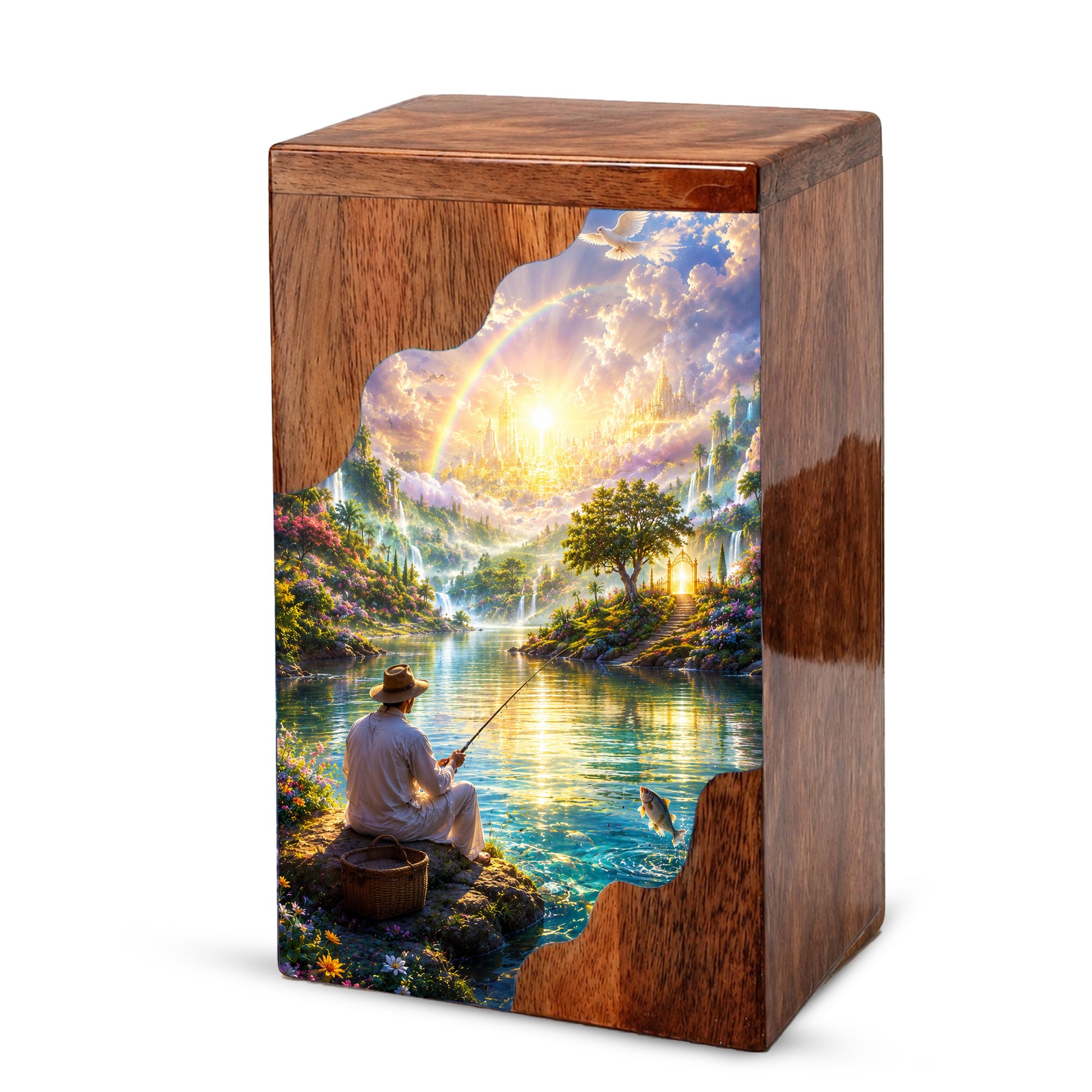 Fishing in Heaven Wooden Cremation Urn – Heavenly Fishing Memorial Urn for Human Ashes