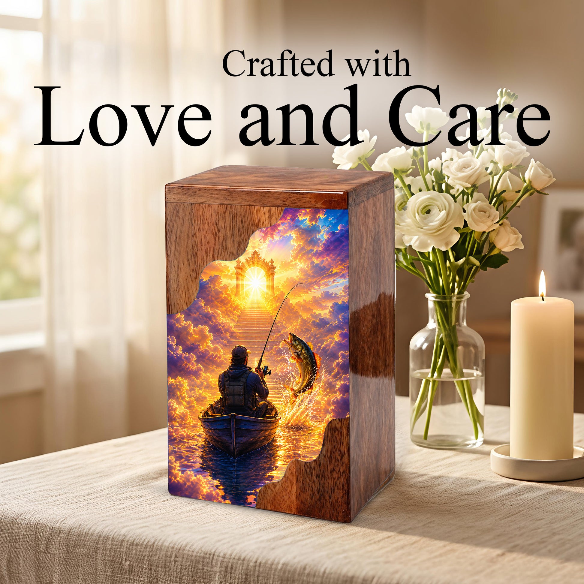 Gone Fishing in Heaven Wooden Cremation Urn – Personalized Memorial Urn for Human Ashes