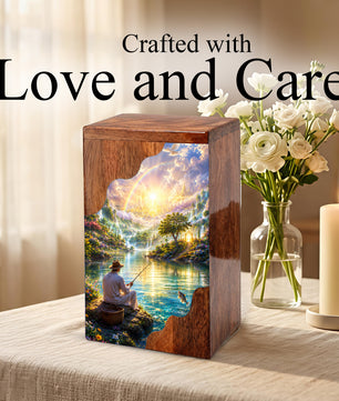 Fishing in Heaven Wooden Cremation Urn – Heavenly Fishing Memorial Urn for Human Ashes
