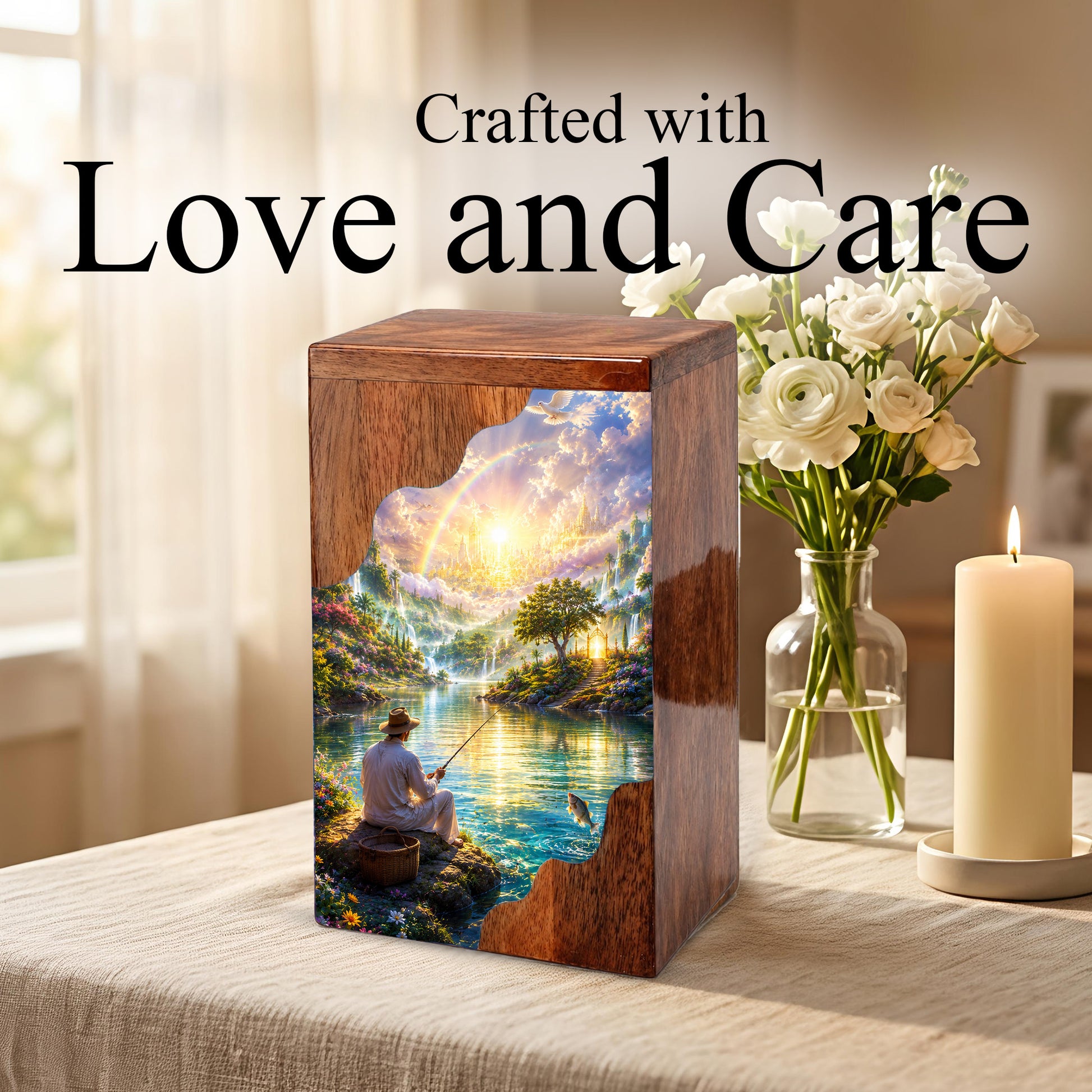 Fishing in Heaven Wooden Cremation Urn – Heavenly Fishing Memorial Urn for Human Ashes