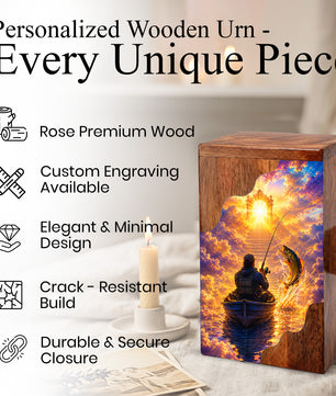 Gone Fishing in Heaven Wooden Cremation Urn – Personalized Memorial Urn for Human Ashes