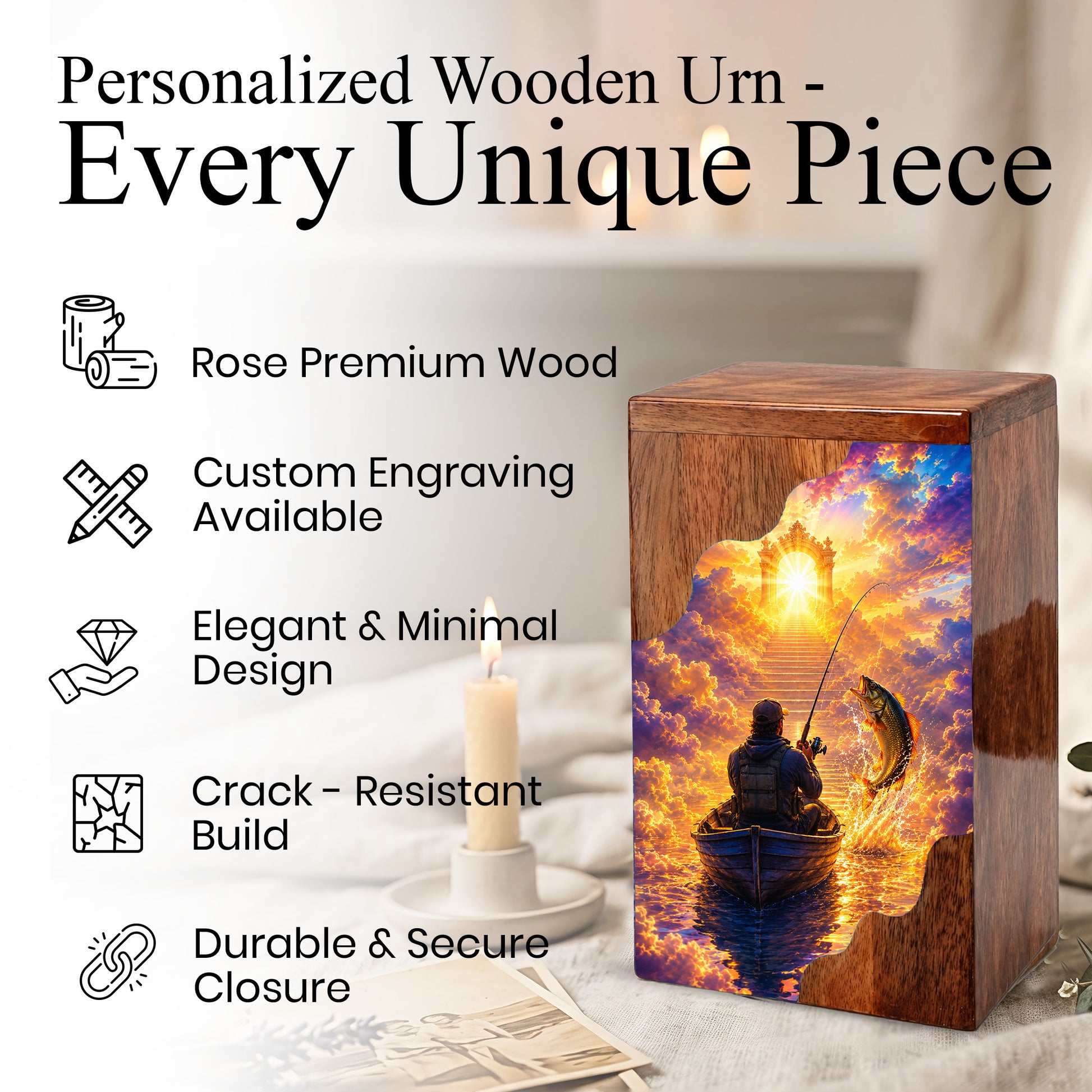 Gone Fishing in Heaven Wooden Cremation Urn – Personalized Memorial Urn for Human Ashes
