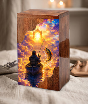 Gone Fishing in Heaven Wooden Cremation Urn – Personalized Memorial Urn for Human Ashes