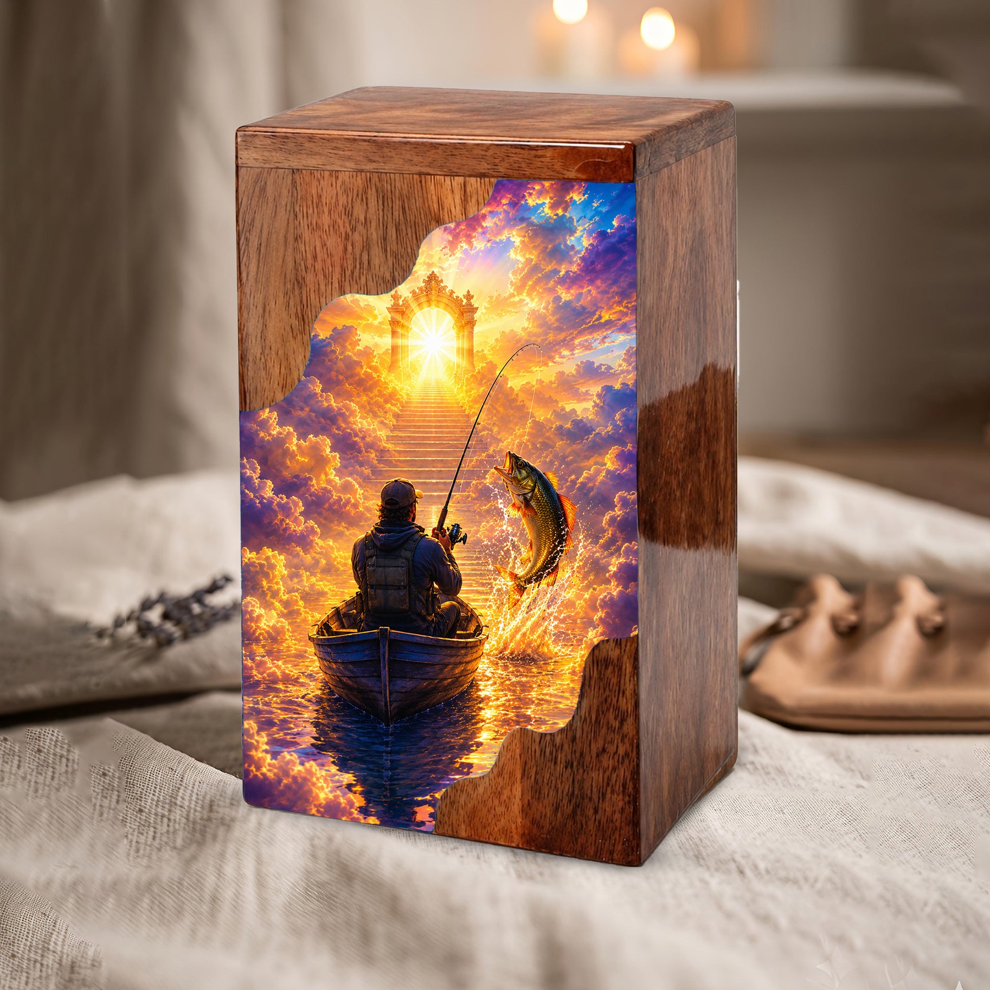 Gone Fishing in Heaven Wooden Cremation Urn – Personalized Memorial Urn for Human Ashes