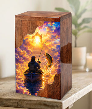 Gone Fishing in Heaven Wooden Cremation Urn – Personalized Memorial Urn for Human Ashes