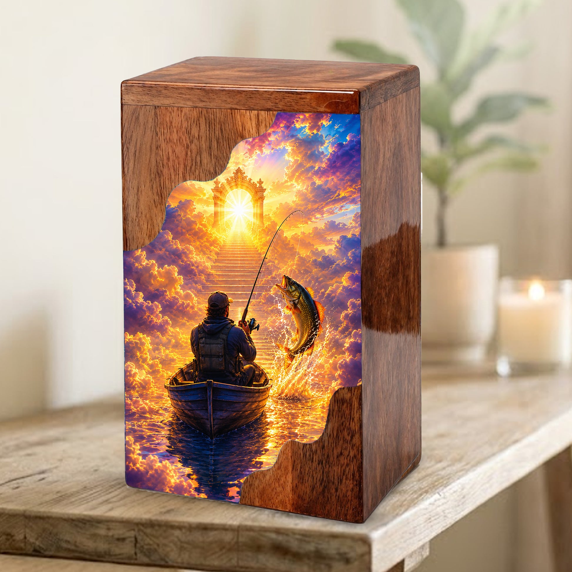 Gone Fishing in Heaven Wooden Cremation Urn – Personalized Memorial Urn for Human Ashes