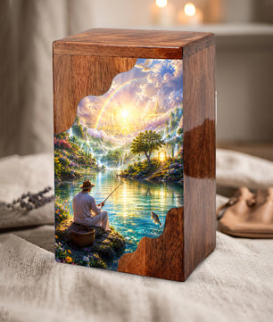 Fishing in Heaven Wooden Cremation Urn – Heavenly Fishing Memorial Urn for Human Ashes