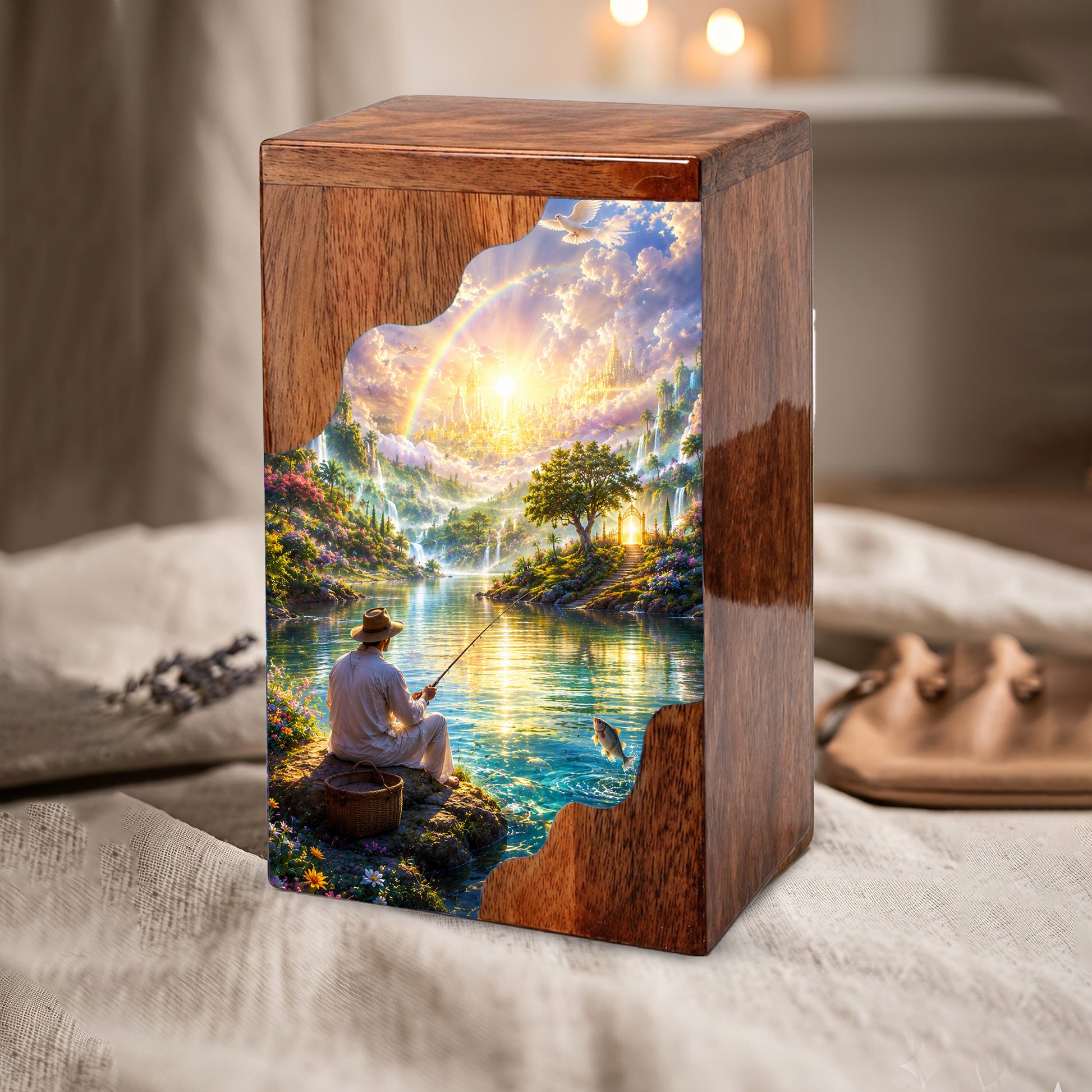 Fishing in Heaven Wooden Cremation Urn – Heavenly Fishing Memorial Urn for Human Ashes