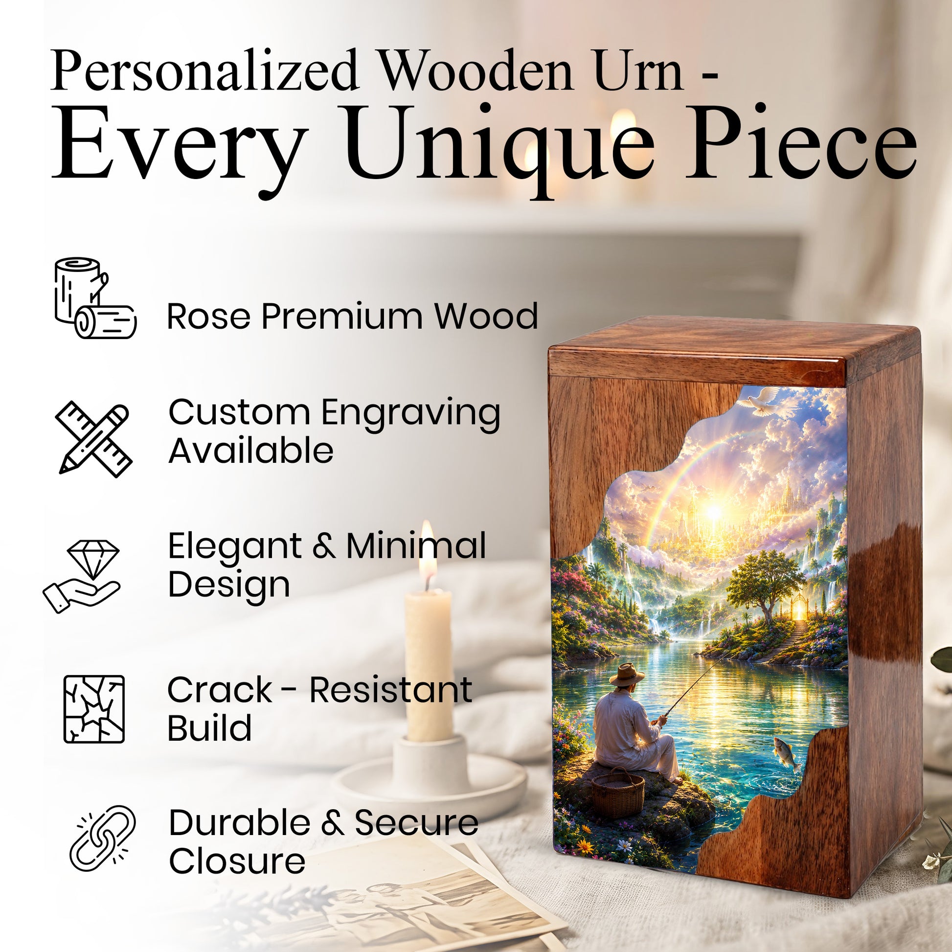 Fishing in Heaven Wooden Cremation Urn – Heavenly Fishing Memorial Urn for Human Ashes