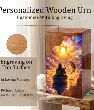 Gone Fishing in Heaven Wooden Cremation Urn – Personalized Memorial Urn for Human Ashes