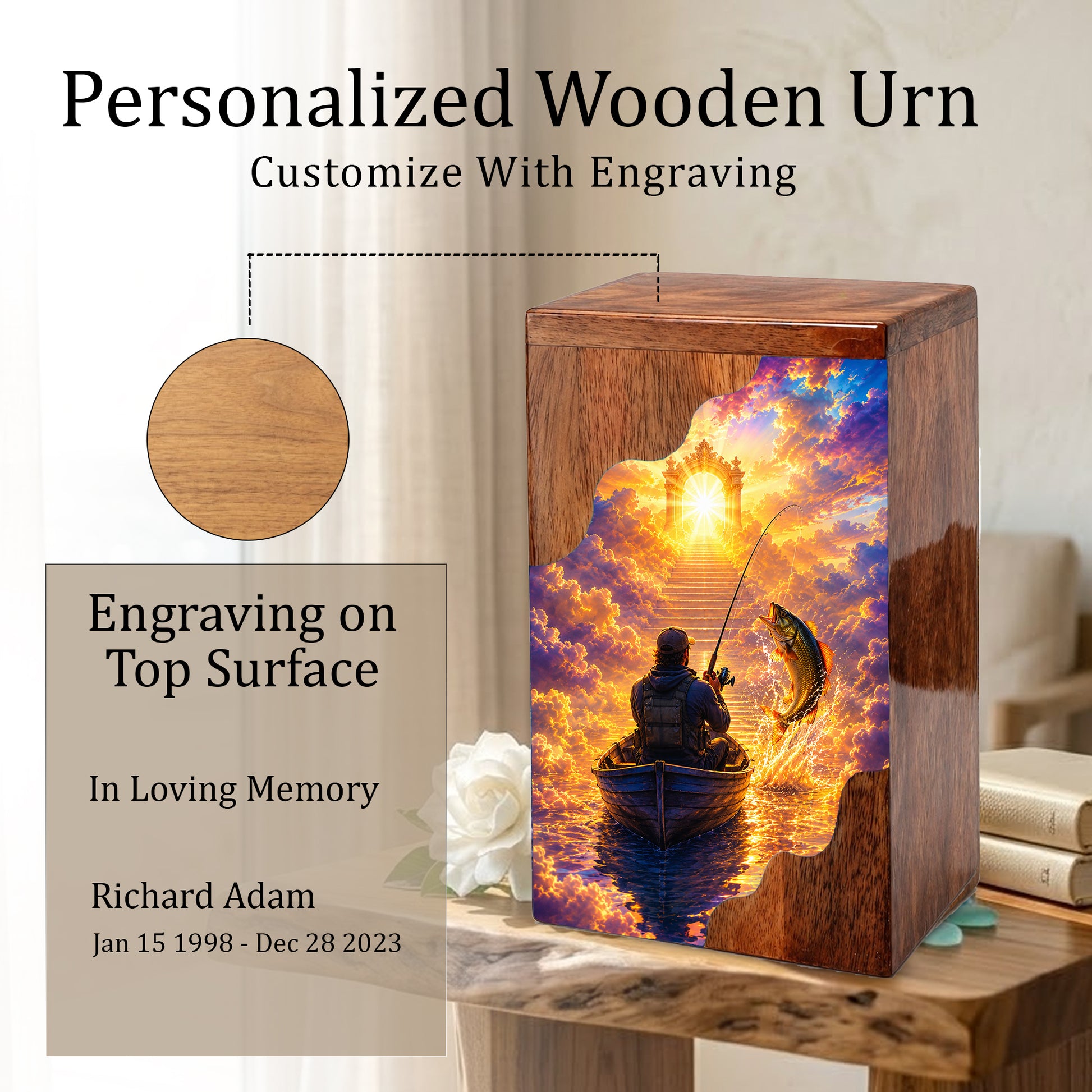 Gone Fishing in Heaven Wooden Cremation Urn – Personalized Memorial Urn for Human Ashes